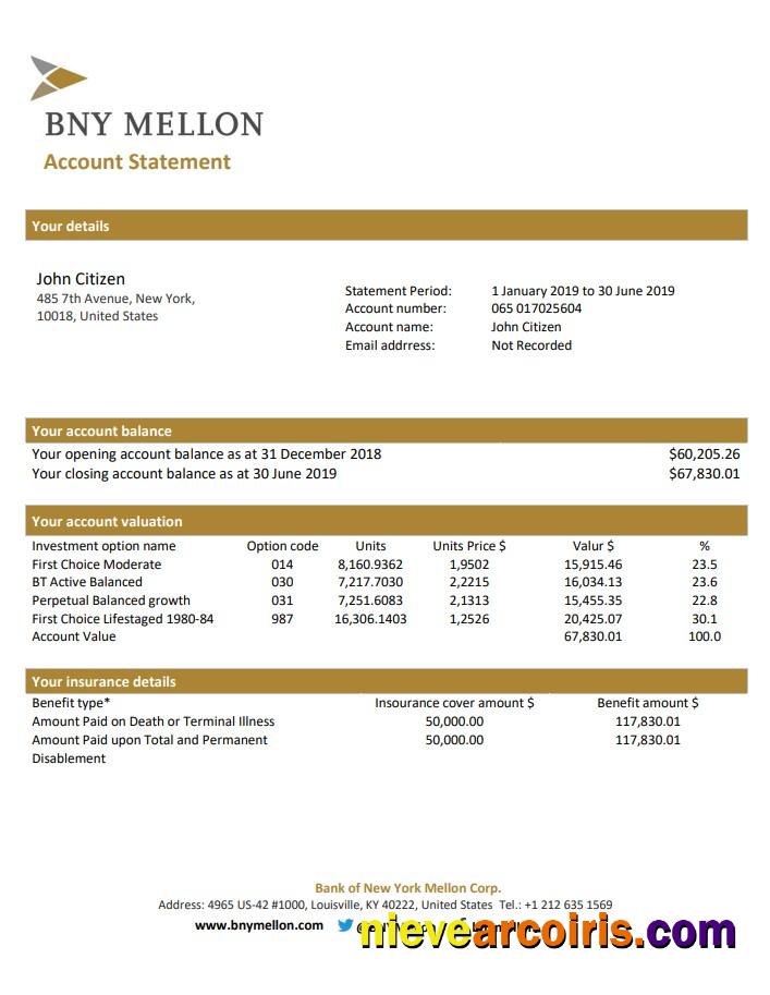 USA Bank of New York Mellon proof of address bank statement in Word and PDF format (.doc and .pdf)